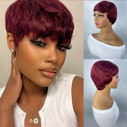 Short And Straight, Elf, Human Hair Non-toxic Wig, Burgundy, Short And Elf Haircut, Ladies Wig, Applicable To The Whole Scene. - DropOnline.co