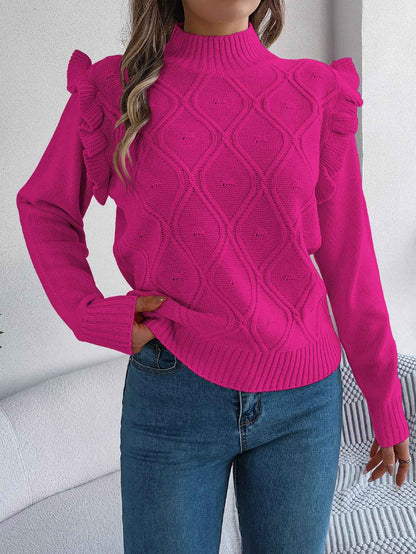 Women Solid Color Ruffled Mock Neck Long Sleeve Pullover Sweater