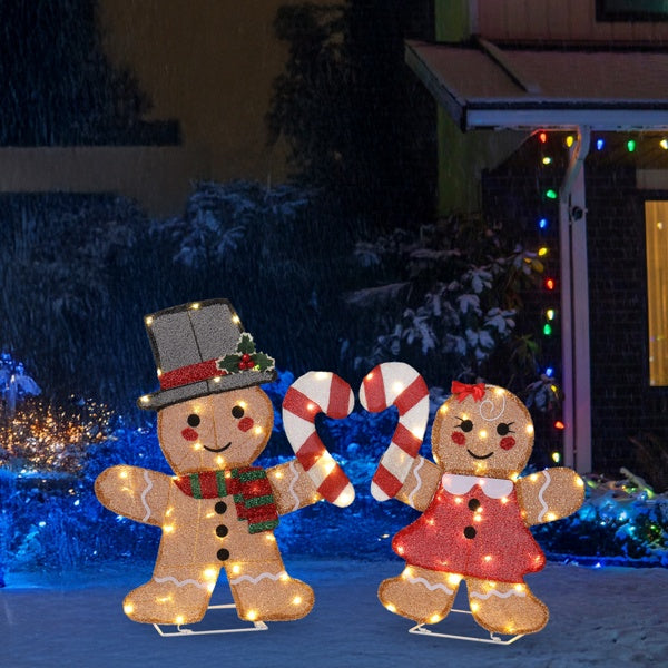 Set of 2 Lighted Gingerbread Man & Candy Cane - 80 LED Christmas Decorations