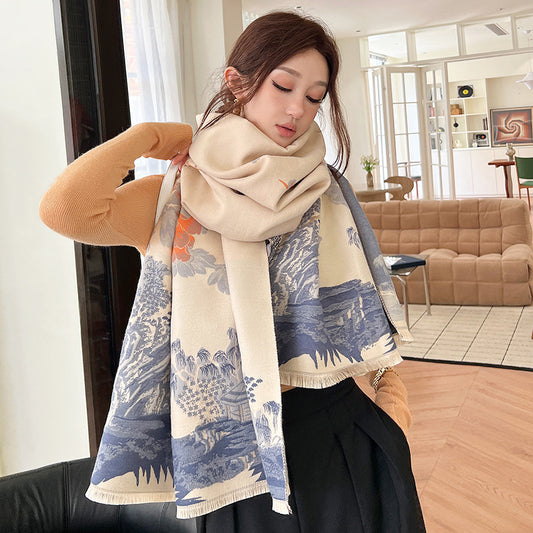 Vintage Plum Scarf - Women's Artificial Cashmere Thickened Double-Sided Student Shawl