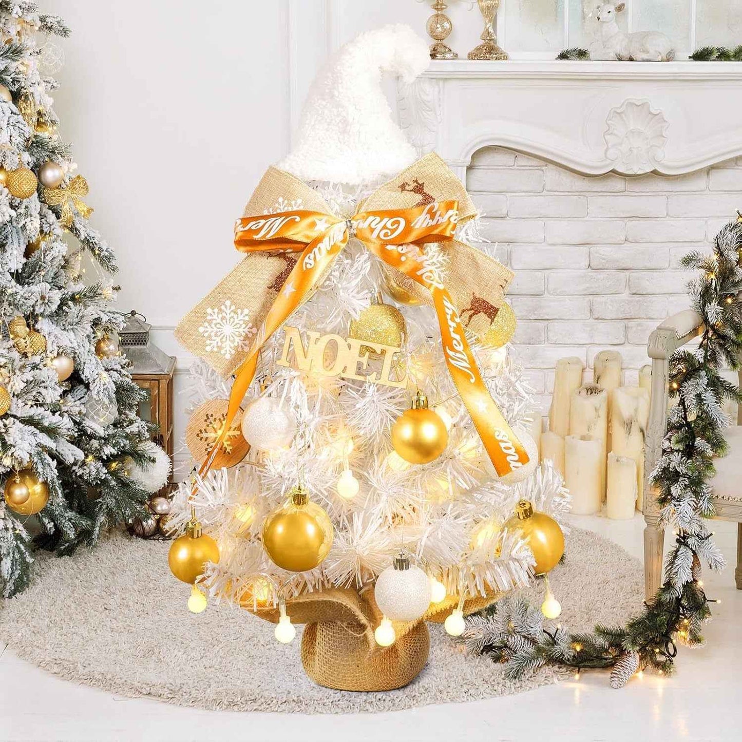 24-Inch Snowy Christmas Tree - Golden Balls, Ribbons & Festive Hat - DropOnline.co