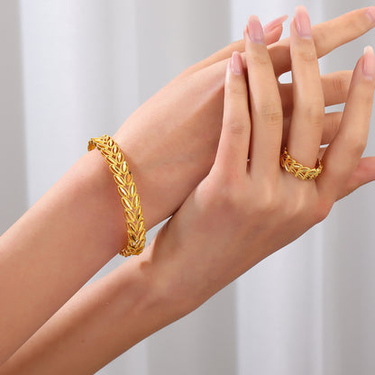 2Pcs Fashion 18k Gold Plated Wheat Ear Leaves Opening Bracelet Ring Set Suitable For Women's Daily Wear Holiday Jewelry Gifts - DropOnline.co