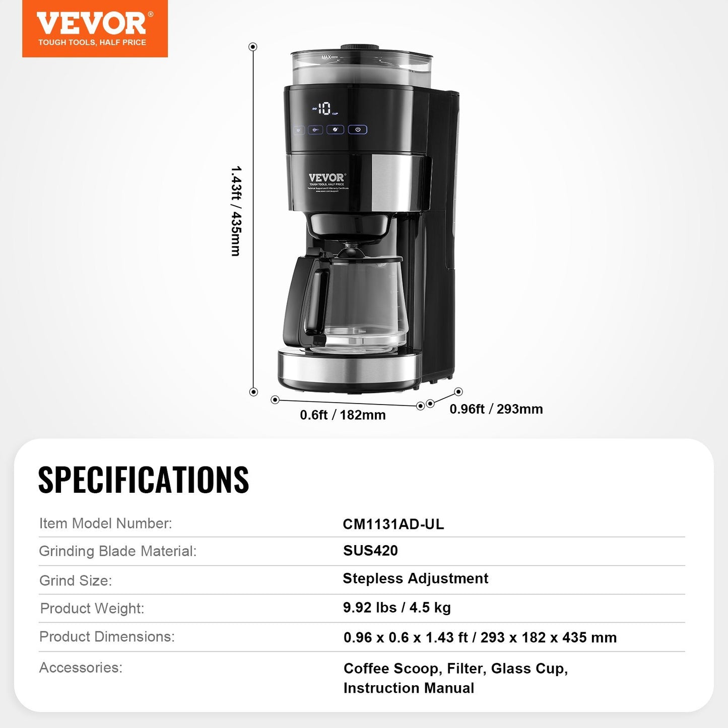 VEVOR 10-Cup Drip Coffee Machine - Professional 3 Brew Strength Control