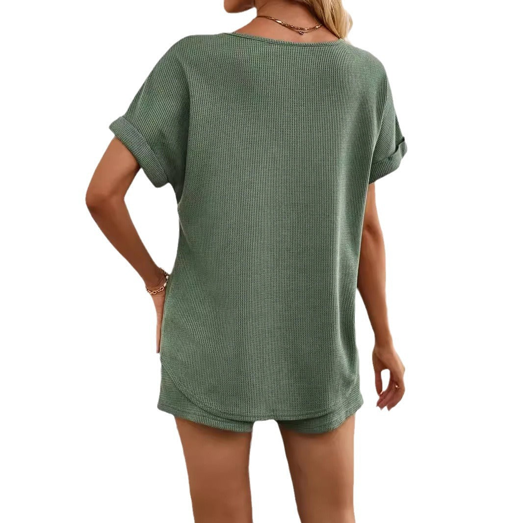 Solid Color Elegant Two-piece V-neck Turned Cuff Casual Lace Up Shorts Suit
