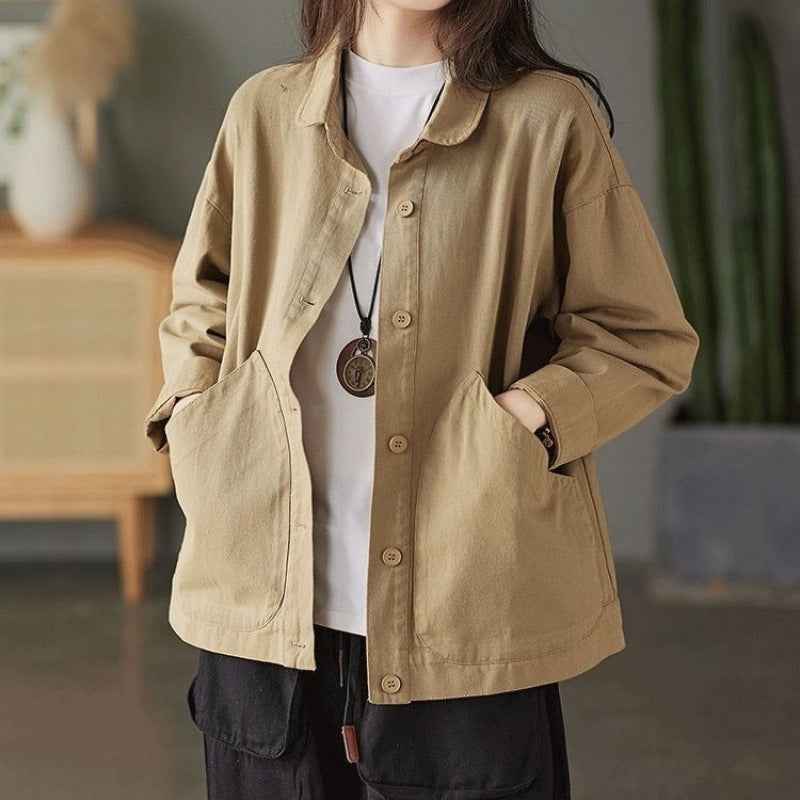 Retro Twill Cotton Large Pocket Single Breasted Loose Casual Top