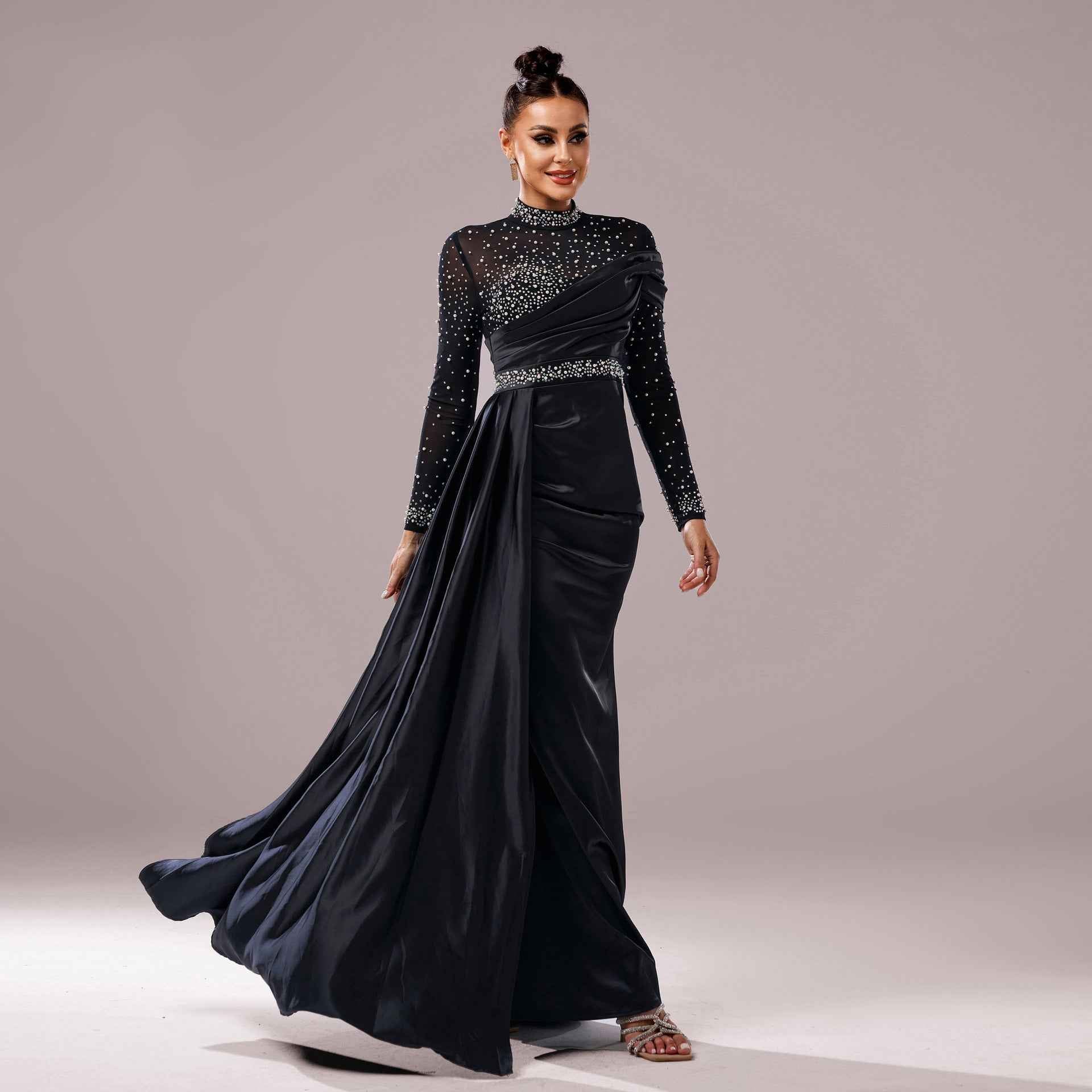 Long Sleeve Slim-fit Sheath Pearl Banquet Fishtail Evening Dress