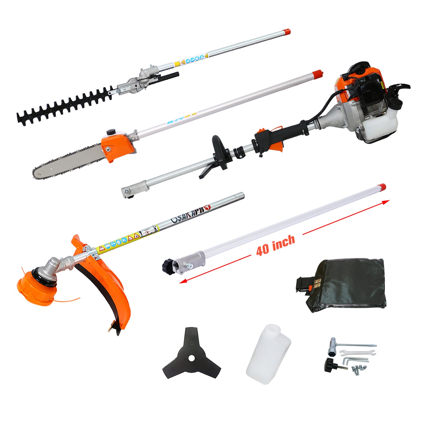 5 In 1 Multi-Functional Trimming Tool, 56CC 2-Cycle Garden Tool System With Gas Pole Saw, Hedge Trimmer, Grass Trimmer, And Brush Cutter EPA Compliant
