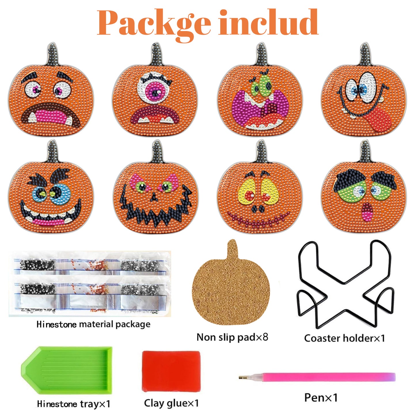Halloween Rhinestone Art Coasters - 8 Pack Decorative Drink Coasters