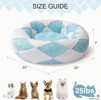 MEWOOFUN Donut Cat Bed For Indoor Cats - Round Washable Plush Pet Bed With Jacquard Shaggy Fabric & Non-Slip Bottom, Calming Small Dog Bed For Puppy & Kitten, 23 Inch Blue Check - DropOnline.co