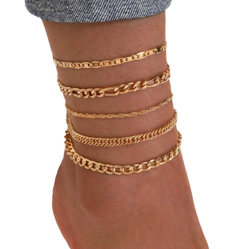 Snake Chain Anklet Set - 5-Piece Layered Metal Ankle Bracelets Collection