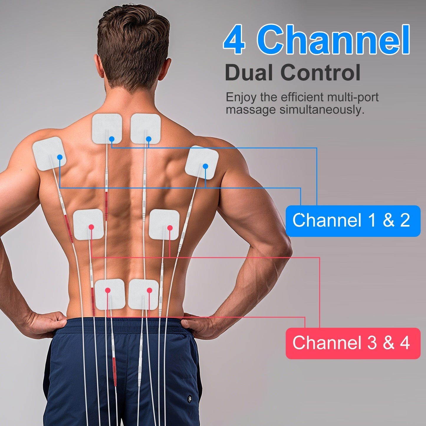 1Pc 4 Channel TENS Unit Muscle Stimulator Rechargeable Digital TENS Muscle Massager With 48 Modes 20 Intensity Levels 8 Pads Timer