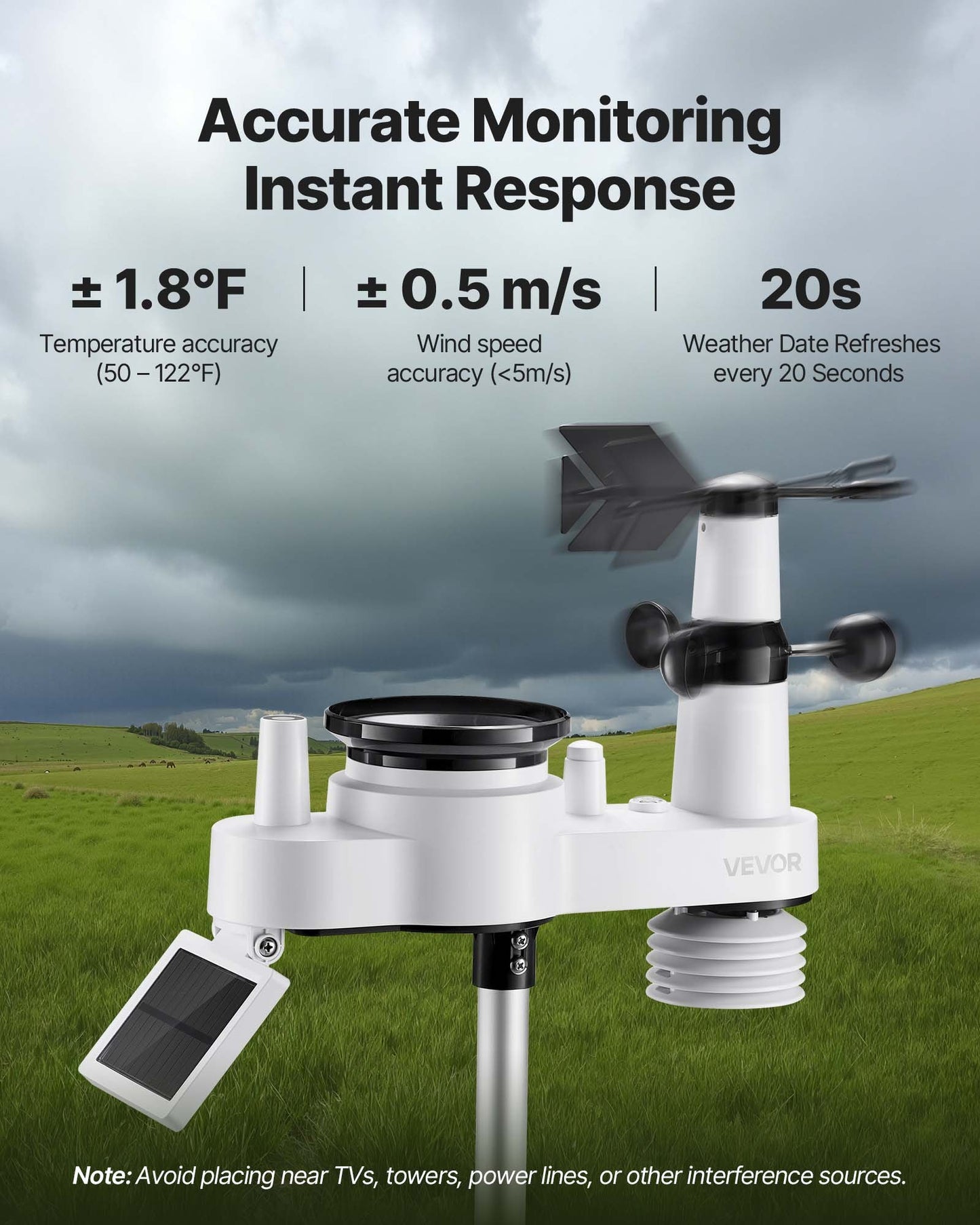 7-in-1 Wireless Weather Station 7.5 In Display Indoor Outdoor Thermometer Sensor