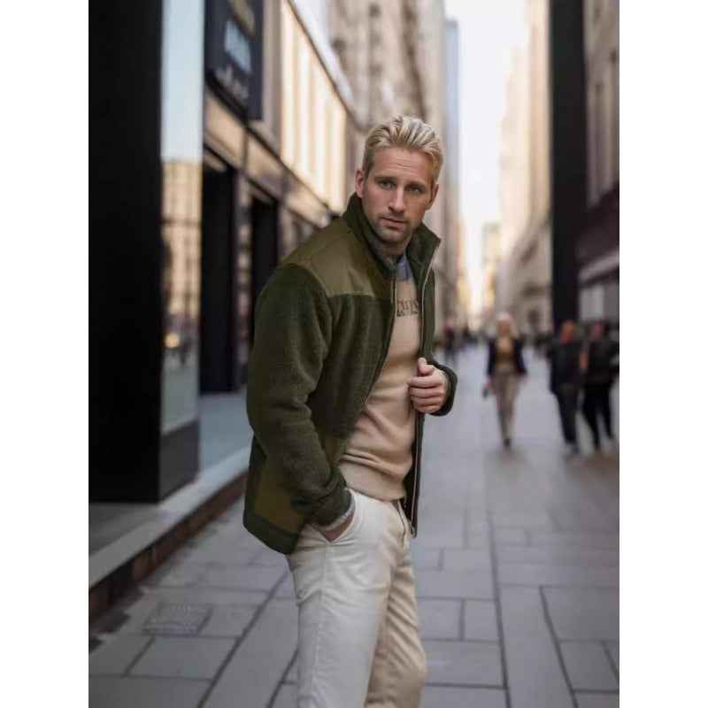 Men's Fleece Patchwork Color-Block Stand-Up Collar Fashion Jacket