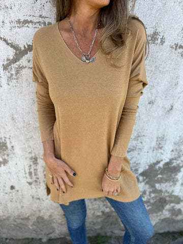 Solid Color V-neck Knitted Sweater Loose Top Women's Clothing