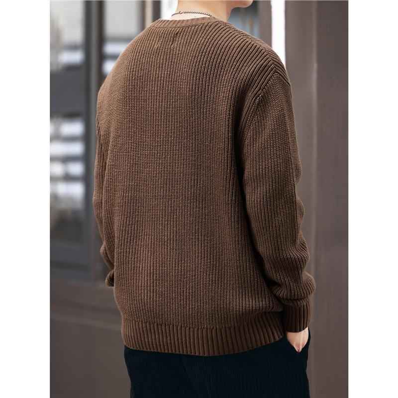 Vintage-style, Relaxed-fit, Thickened Vertical-striped Workwear Pullover Sweater