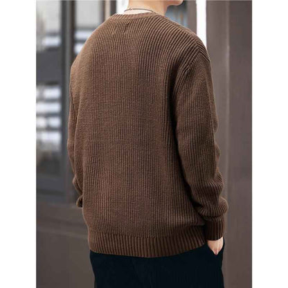 Vintage-style, Relaxed-fit, Thickened Vertical-striped Workwear Pullover Sweater