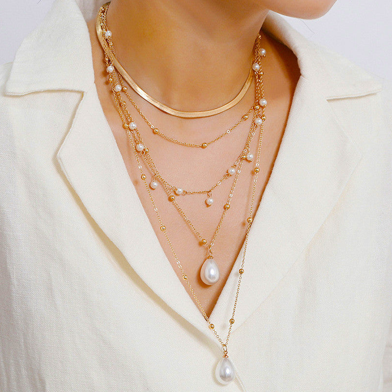 Multi-Layer Pearl Chain Necklace - Metal Chain Imitation Design
