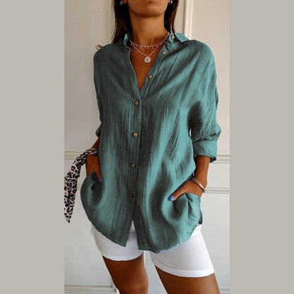Women's Lapel Long Sleeve Shirt - Single-Breasted Pleated Button-Up - DropOnline.co