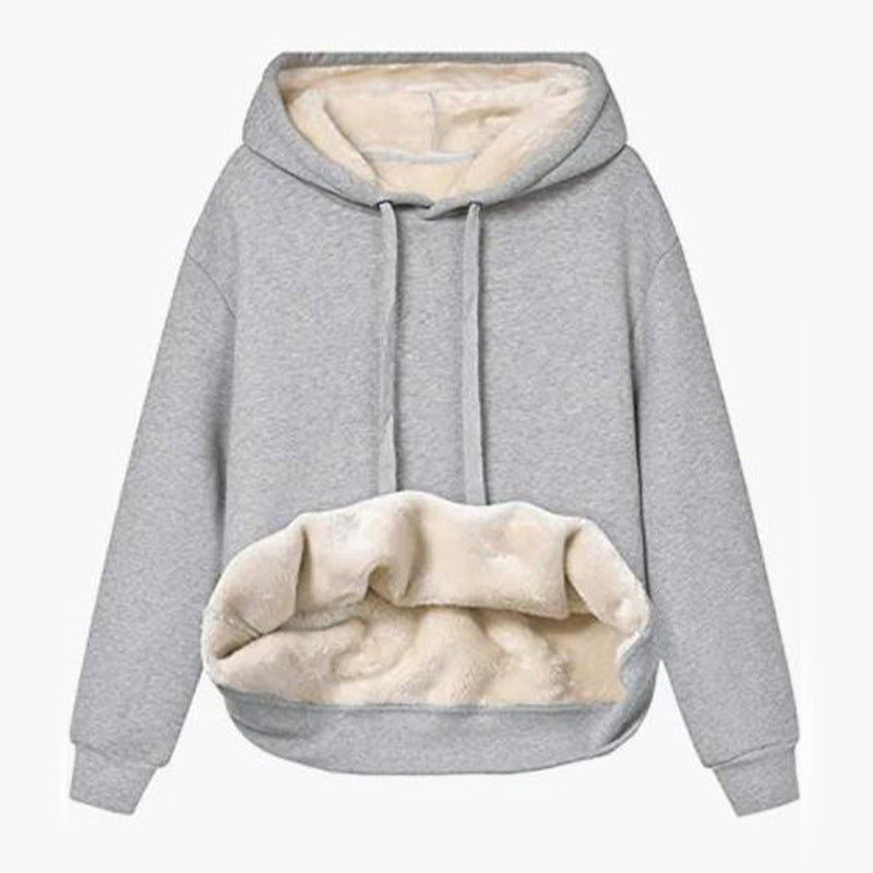 Autumn And Winter Warm Lamb Fleece Pocket Hooded Sports Sweatshirt Jacket For Women - DropOnline.co