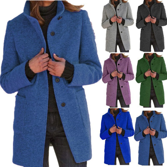Pure Color Button Stand Collar Woolen Outwear