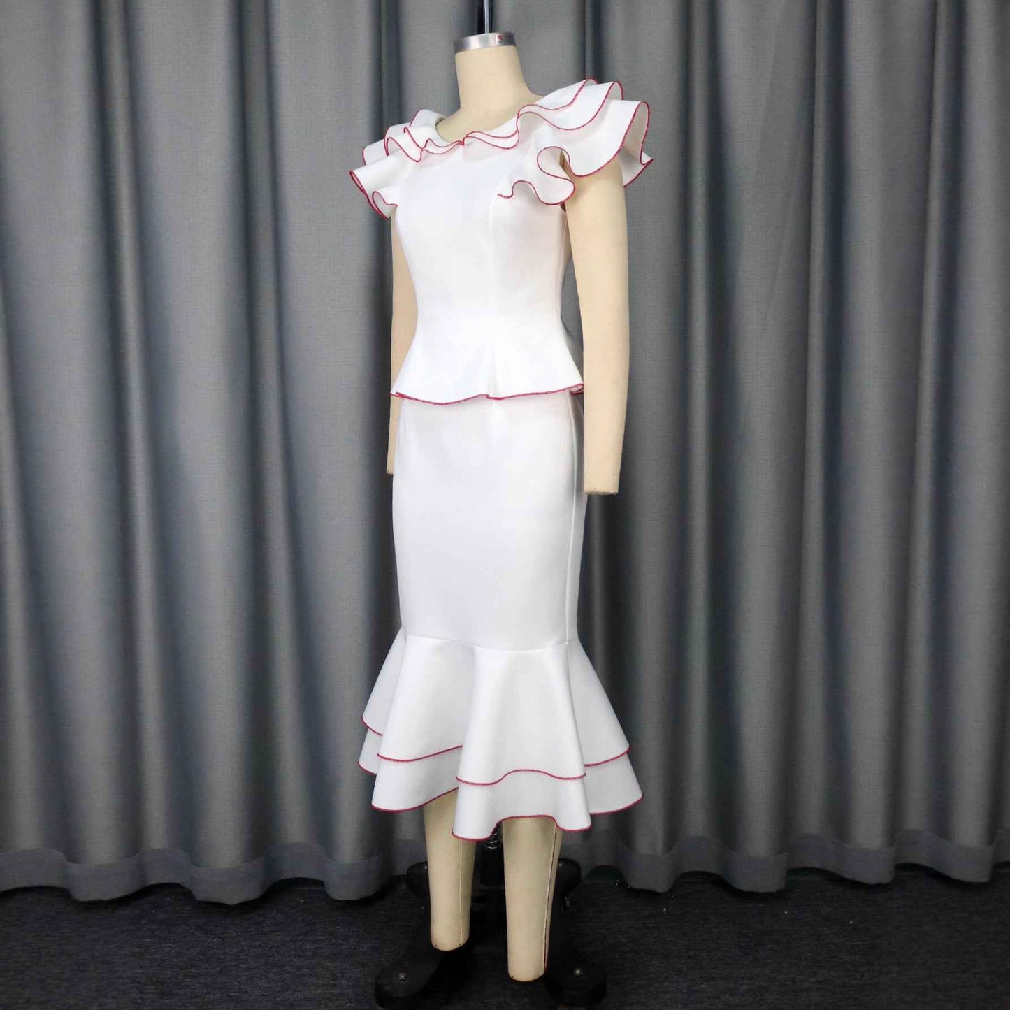 Women's Ruffled Contrast Color Top Temperament Slim Fishtail Skirt Suit