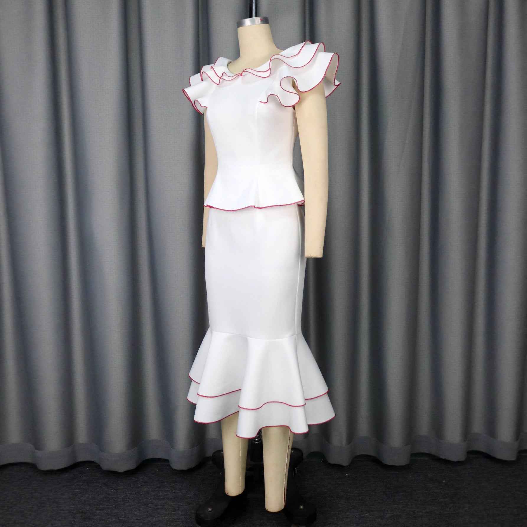 Women's Ruffled Contrast Color Top Temperament Slim Fishtail Skirt Suit