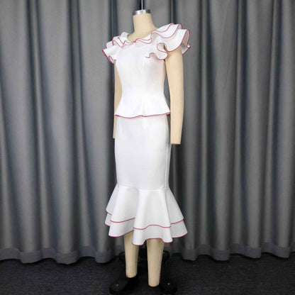 Women's Ruffled Contrast Color Top Temperament Slim Fishtail Skirt Suit