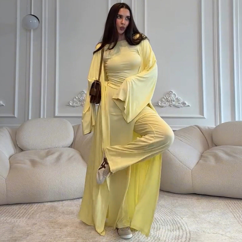 Women's Casual 3-Piece Set - Long Sleeve Coat, T-Shirt & Pants
