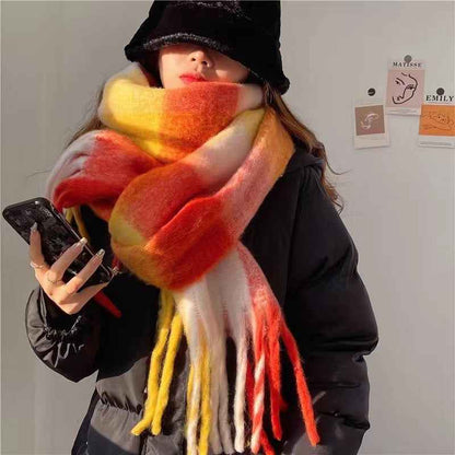 Women's Plaid Tassel Scarf - Rainbow Color-Blocking Shawl