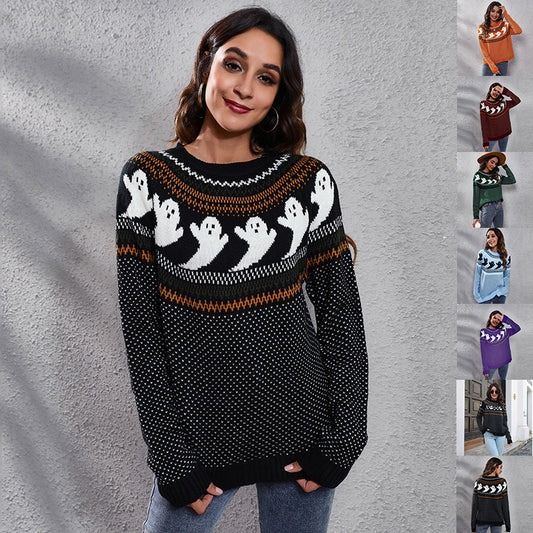Halloween Ghost Polka Dot Sweater - Women's Loose Knitted Top