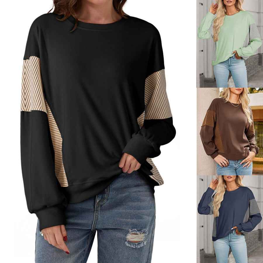 Striped Color-blocked Round Neck Versatile Casual Long-sleeved Sweatshirt