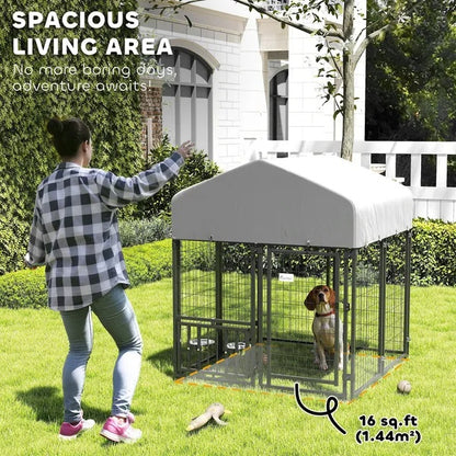 Welded Wire Outdoor Dog Kennel With Rotating & 4 Levels Adjustable Bowls - DropOnline.co