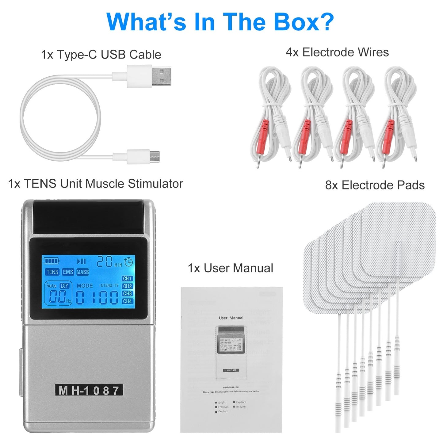 1Pc 4 Channel TENS Unit Muscle Stimulator Rechargeable Digital TENS Muscle Massager With 48 Modes 20 Intensity Levels 8 Pads Timer