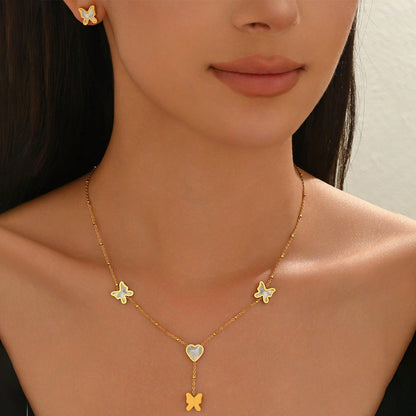 Lxalry 18K Gold Plated Stainless Steel Butterfly & Heart Jewelry Set For Women - Waterproof Hypoallergenic Necklace & Earrings, Elegant Gift For Girlfriend, Birthday, Wedding, Daily Wear - DropOnline.co