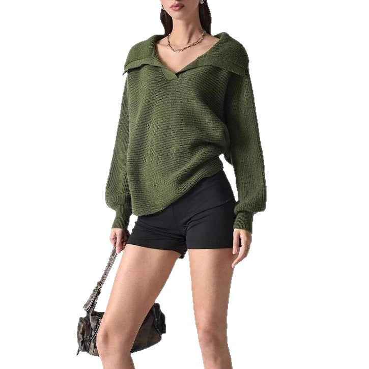 Elegant Polo Collar Solid Color Long Sleeve Knitted Pullover Sweater