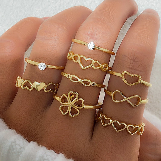 Gold Heart Ring Set - 9 Piece Vintage Butterfly Geometric Collection