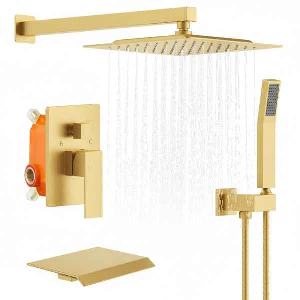 Rain Shower System Brushed Gold Tub Shower Faucet Set 10 Inch Square Rainfall Shower Head With Handheld Sprayer And Waterfall Tub Spout[Unable Ship Weekends, TK/TEMU Only For Pickup]