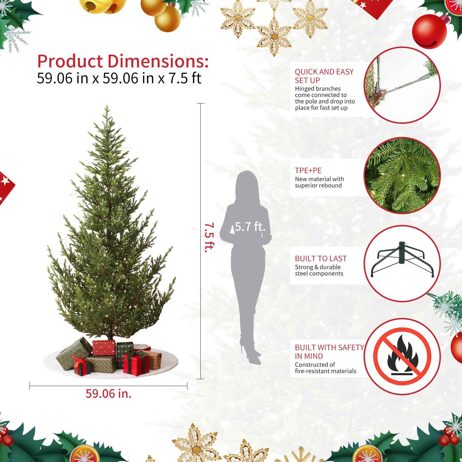 Aspen Slim Fir 7.5ft Christmas Tree Pre-Lit Artificial With 4,570 Branch Tips & 1,555 Low-Voltage Warm LED Lights, Foldable Stand & Realistic Flame-Resistant Branches
