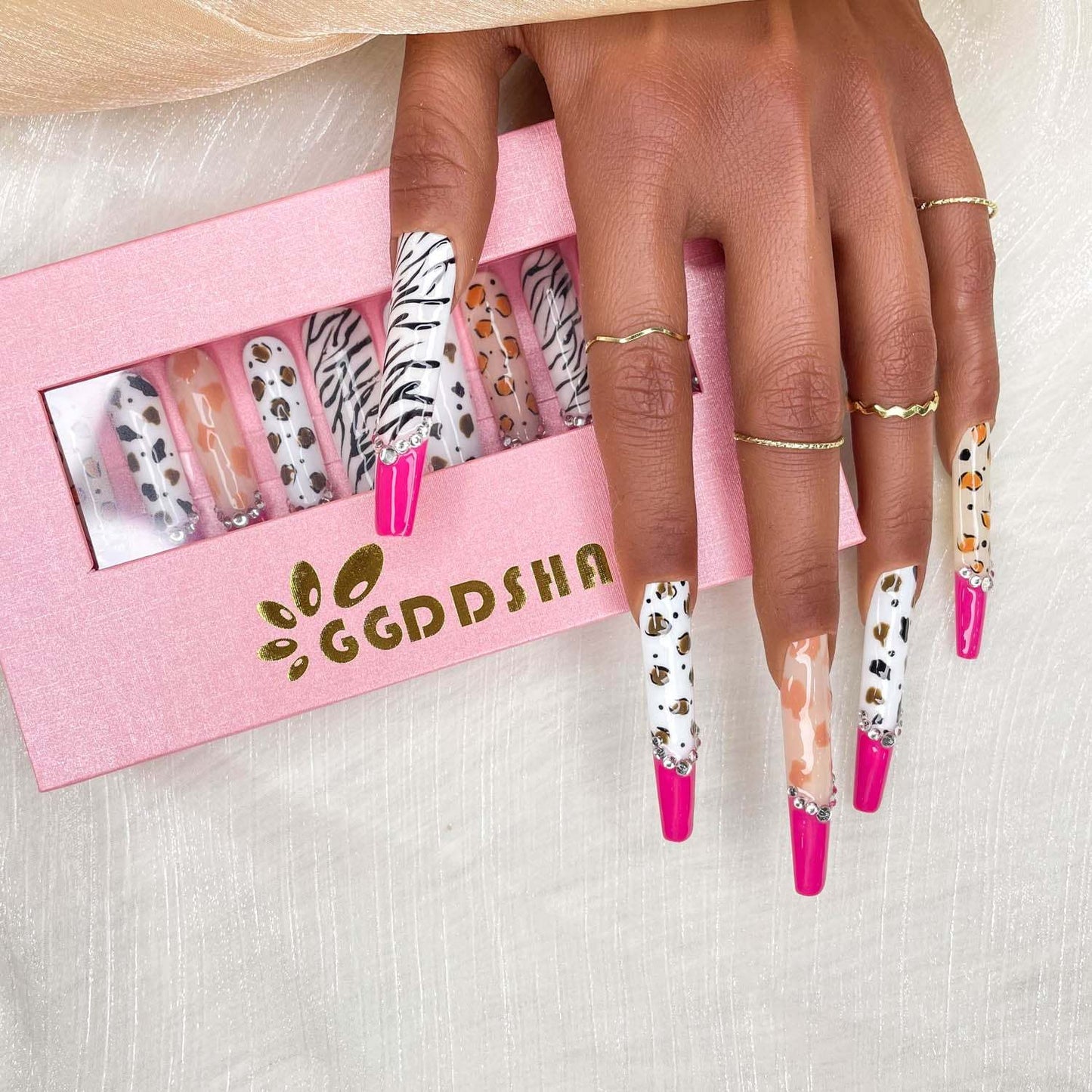 GGDDSHA Nails 10pcs Handmade Press On Nails -GlitterGold Diamond Extra Long Stiletto Reusable Gel UV FinishedFalse Nails, Designer Fashion 3D Hand-painted Nails ,Diamond Zebra