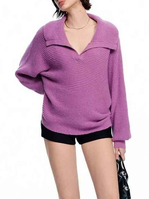 Elegant Polo Collar Solid Color Long Sleeve Knitted Pullover Sweater