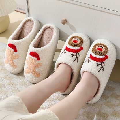 Christmas Home Slippers Cute Cartoon Santa Claus Cotton Slippers For Women And Men Couples Winter Warm Furry Shoes - DropOnline.co
