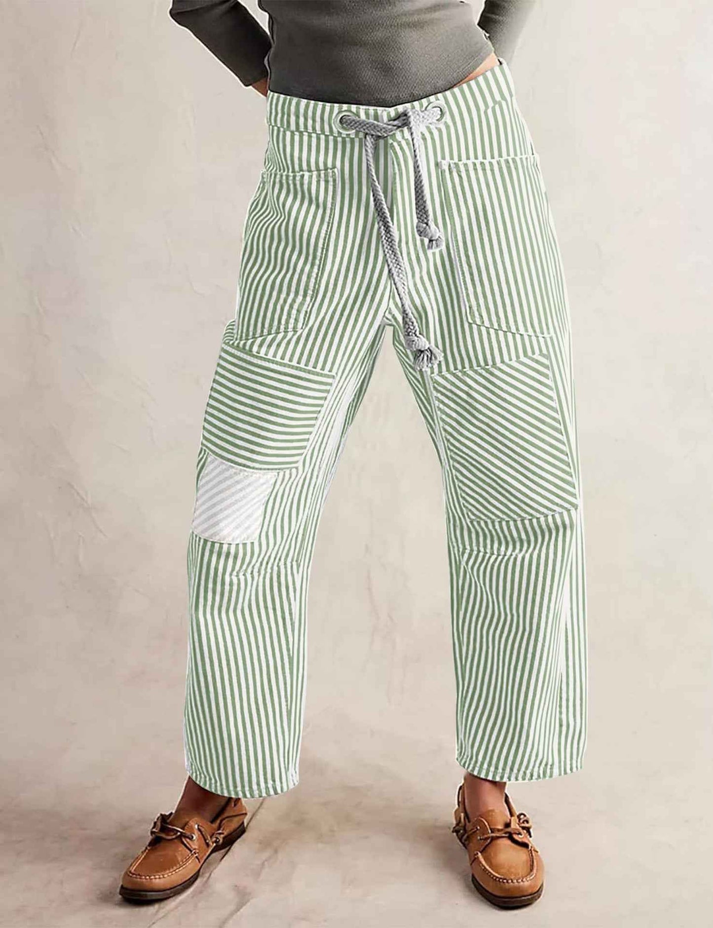 Fashion Commuter Casual Loose Wide Leg Striped Stitching Drawstring Pocket Trousers