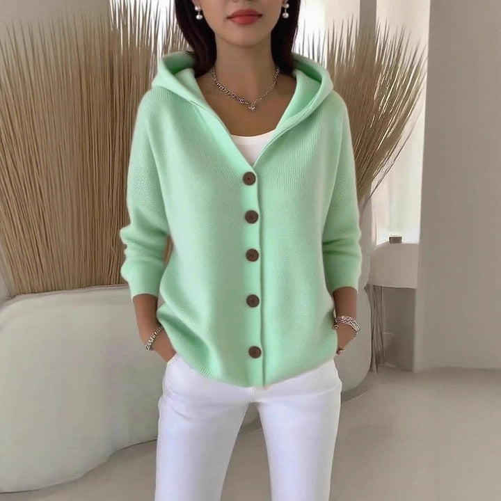 Buttoned Knitted Hooded Sweater - Cozy Women's Cardigan with Hood