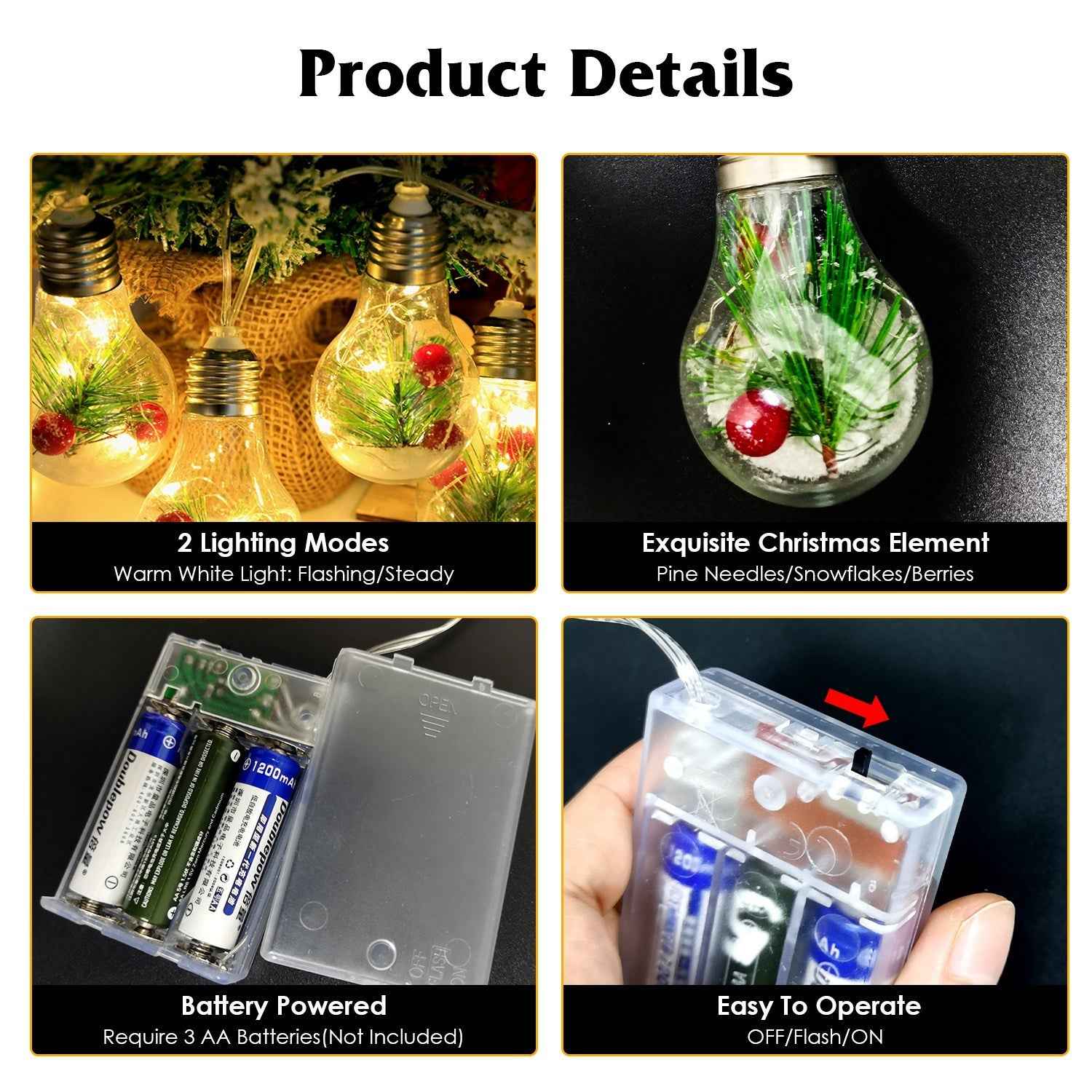 1Pc 13.78FT Christmas Snow Globe String Light Battery Powered 10 LED Bulbs Indoor Christmas Lights With Pine Needles Snowflakes Berries - DropOnline.co