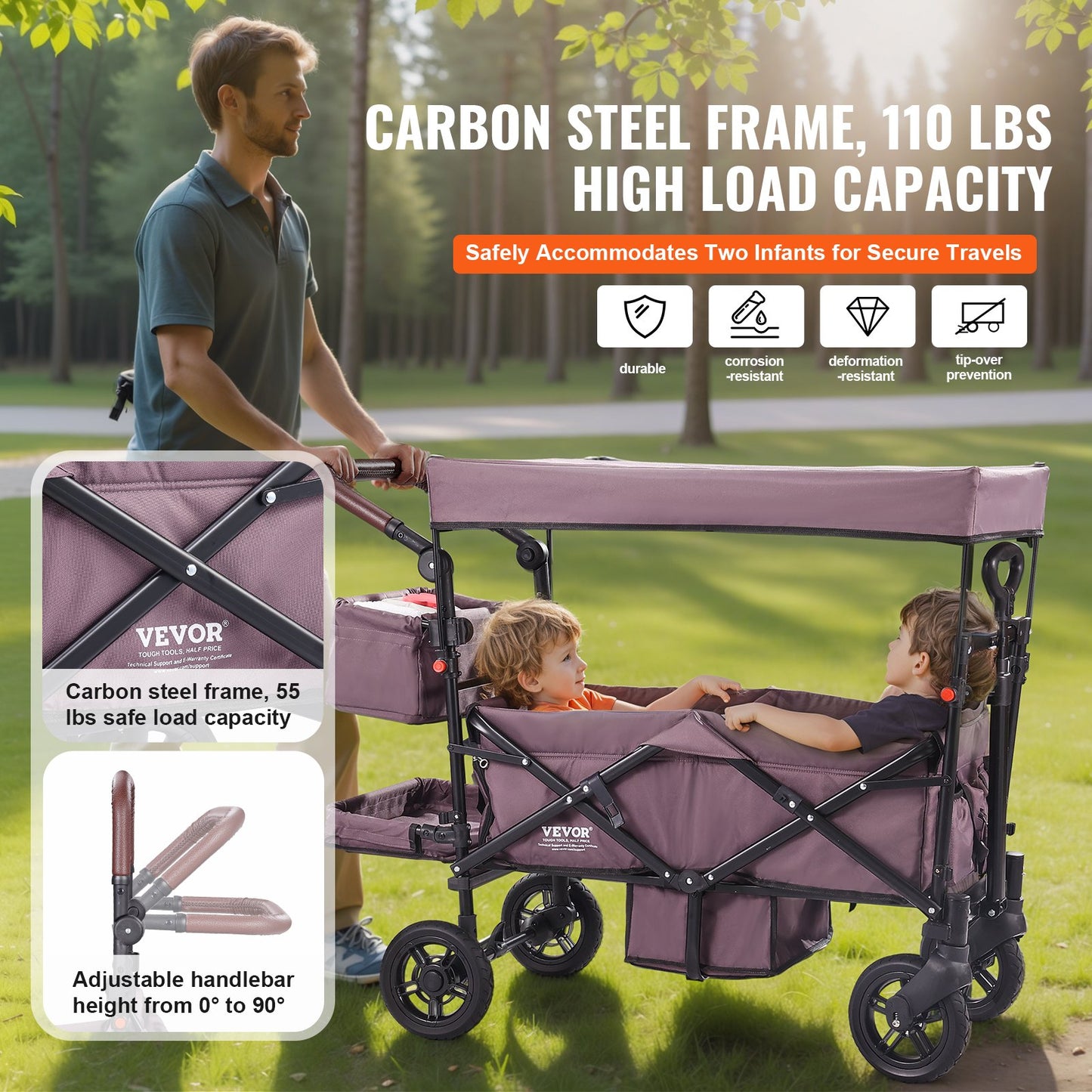 Wagon Stroller For 2 Kids, Push Pull Quad Collapsible Stroller With Adjustable Handle, Encircling Harness Removable Canopy,4 Wheels W/ Brakes,Mutifunction Tandem Stroller For Camping Dark Purple