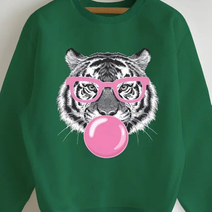 2025 New Women's Comfortable Green Tiger Bubble Gum Pattern Sports Shirt, Long Sleeve Hoodie, Perfect Choice For Autumn And Winter Fashion Women's Clothing - DropOnline.co