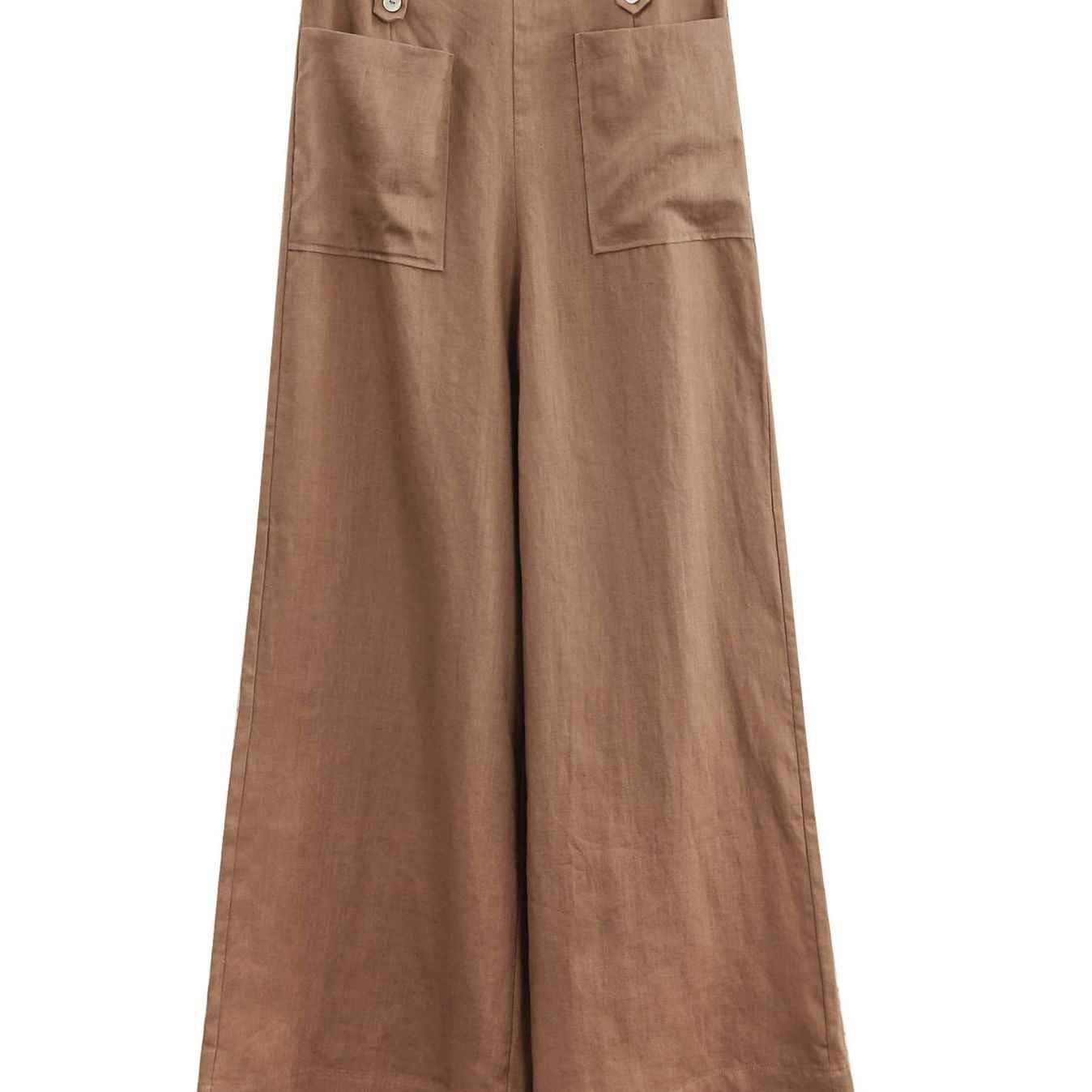 Solid Color Button High Waist Wide Leg Casual Pants Women
