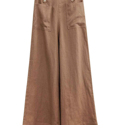 Solid Color Button High Waist Wide Leg Casual Pants Women