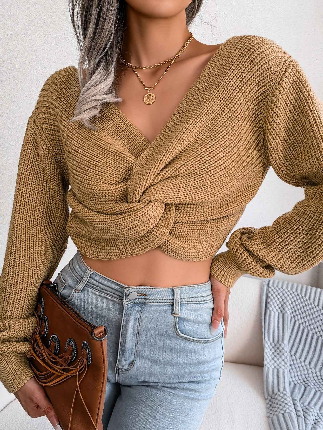 Women Long Sleeve Tie-Front Cropped Knit Sweater