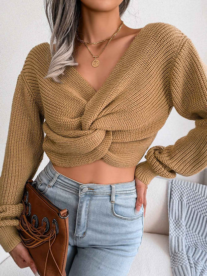 Women Long Sleeve Tie-Front Cropped Knit Sweater